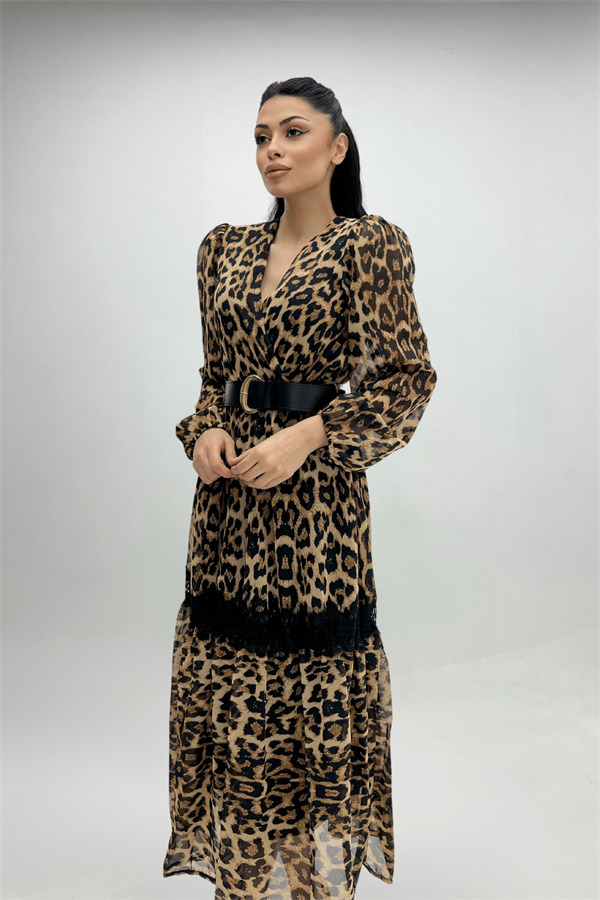 Şifon Kumaş Leopar Desenli Midi Elbise - LEOPAR - 4