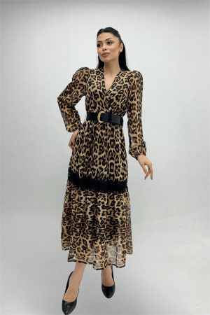 Şifon Kumaş Leopar Desenli Midi Elbise - LEOPAR - 5