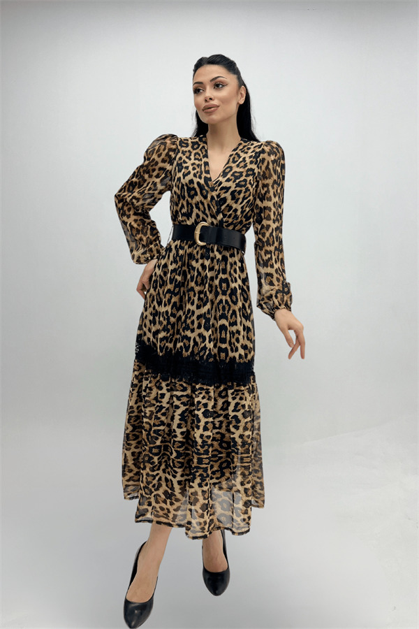 Şifon Kumaş Leopar Desenli Midi Elbise - LEOPAR - 5