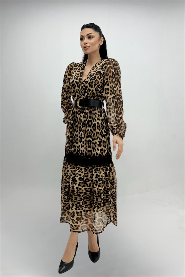 Şifon Kumaş Leopar Desenli Midi Elbise - LEOPAR - 6