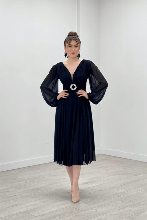 Şifon Kumaş Midi Boy Elbise - SİYAH - Angelino Moda