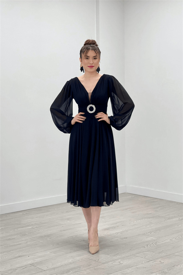 Chiffon Fabric Midi Length Dress - BLACK - 1