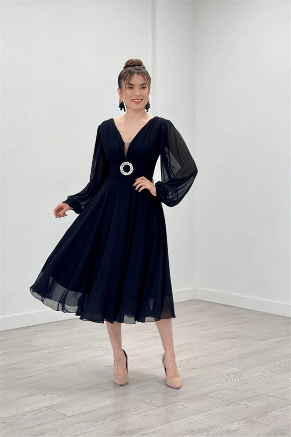 Chiffon Fabric Midi Length Dress - BLACK - 2