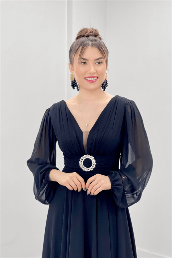 Chiffon Fabric Midi Length Dress - BLACK - 3