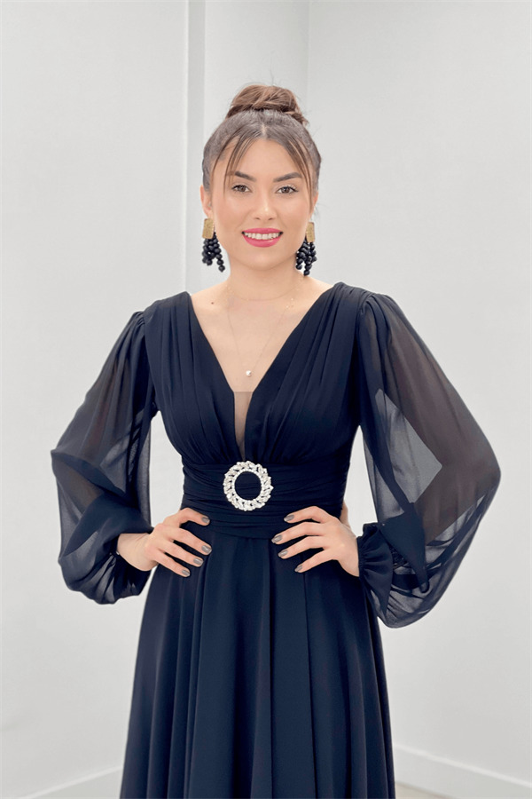 Chiffon Fabric Midi Length Dress - BLACK - 4