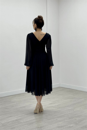 Chiffon Fabric Midi Length Dress - BLACK - 5