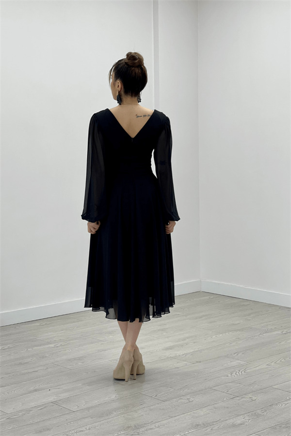 Chiffon Fabric Midi Length Dress - BLACK - 5