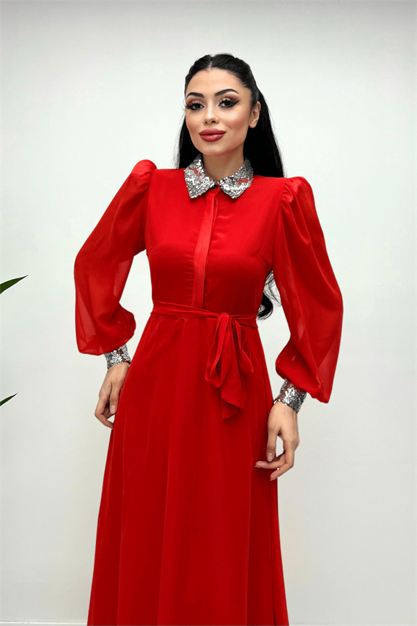 Şifon Kumaş Payet Detaylı Midi Elbise - KIRMIZI - 1