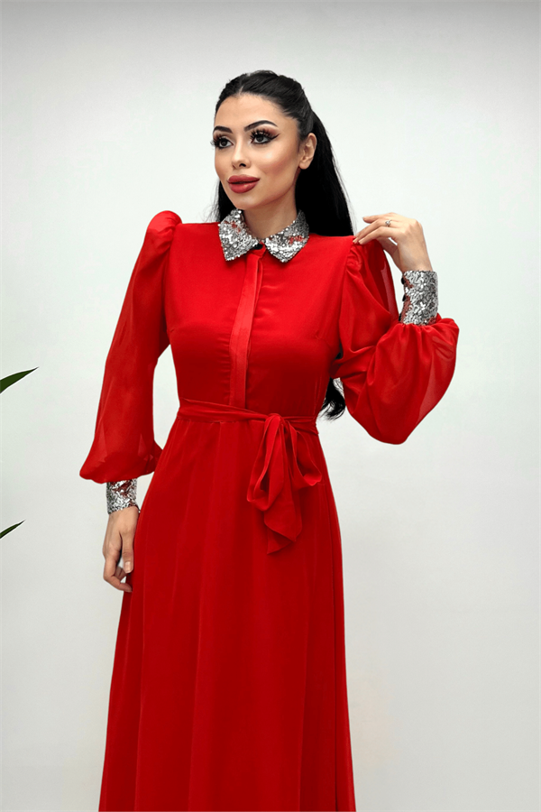 Şifon Kumaş Payet Detaylı Midi Elbise - KIRMIZI - 3