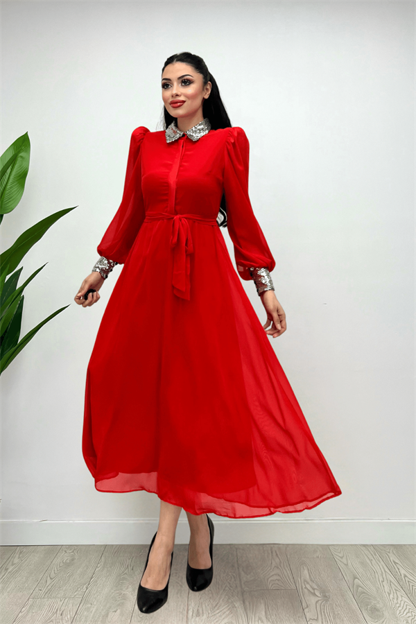 Şifon Kumaş Payet Detaylı Midi Elbise - KIRMIZI - 4
