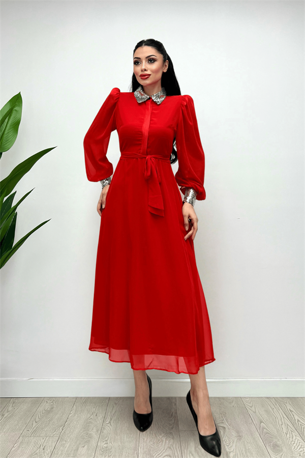 Şifon Kumaş Payet Detaylı Midi Elbise - KIRMIZI - 6