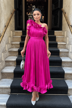 Şifon Kumaş Tek Kol Abiye Elbise - FUŞYA - Angelino Moda
