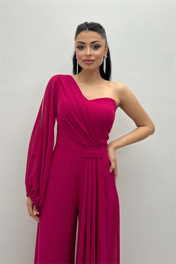 Şifon Kumaş Tek Kol Detaylı Tulum - FUŞYA - 3