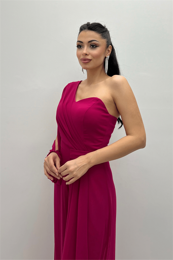 Şifon Kumaş Tek Kol Detaylı Tulum - FUŞYA - 4