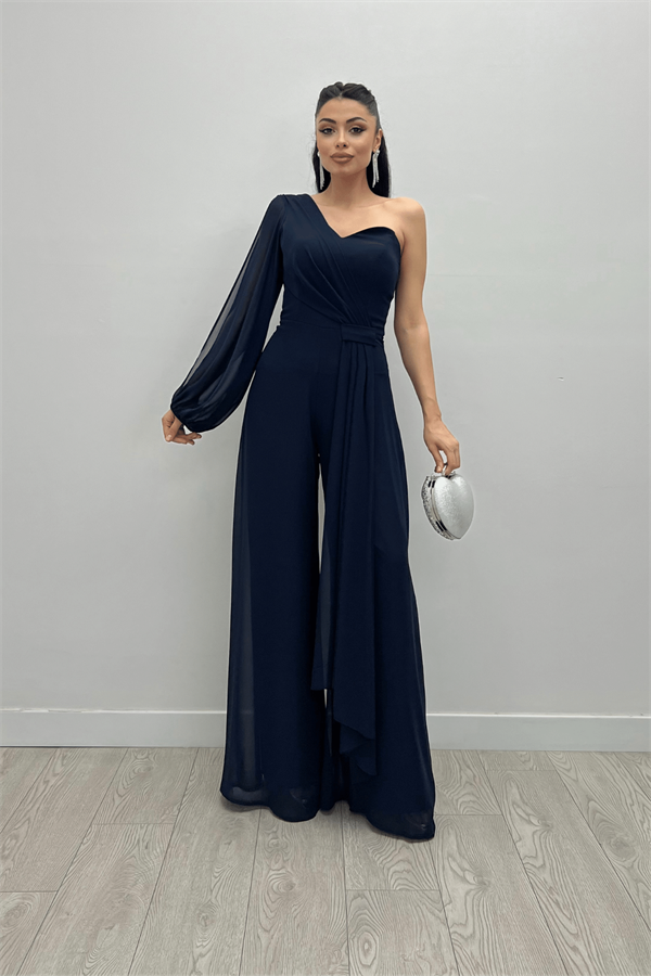 Şifon Kumaş Tek Kol Detaylı Tulum - LACİVERT - 1