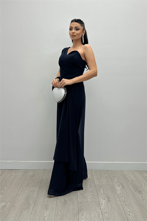 Şifon Kumaş Tek Kol Detaylı Tulum - LACİVERT - 2