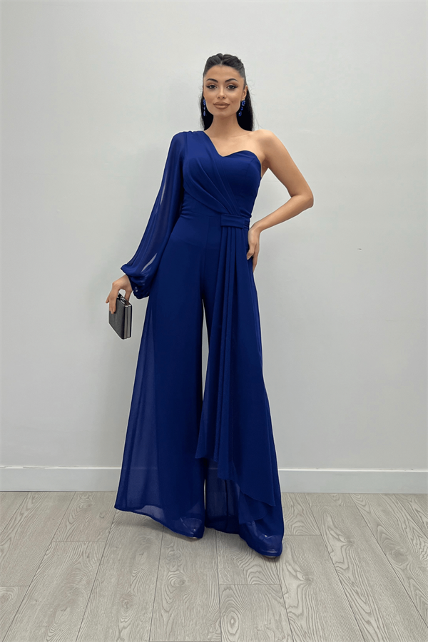 Şifon Kumaş Tek Kol Detaylı Tulum - SAKS MAVİ - 1
