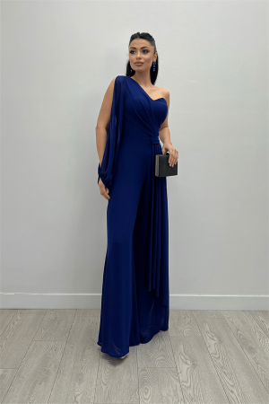 Şifon Kumaş Tek Kol Detaylı Tulum - SAKS MAVİ - 2