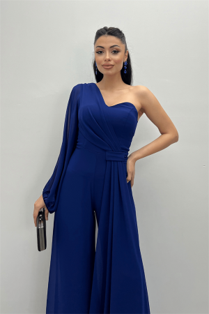 Şifon Kumaş Tek Kol Detaylı Tulum - SAKS MAVİ - 3