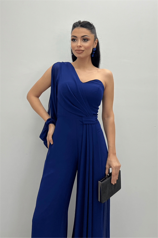 Şifon Kumaş Tek Kol Detaylı Tulum - SAKS MAVİ - 4