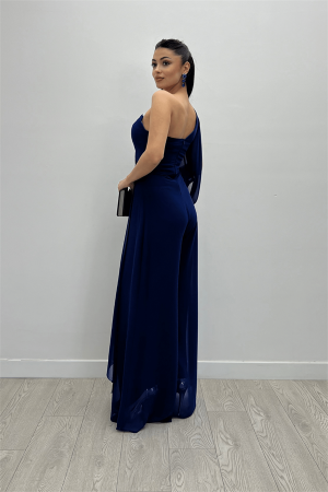 Şifon Kumaş Tek Kol Detaylı Tulum - SAKS MAVİ - 5
