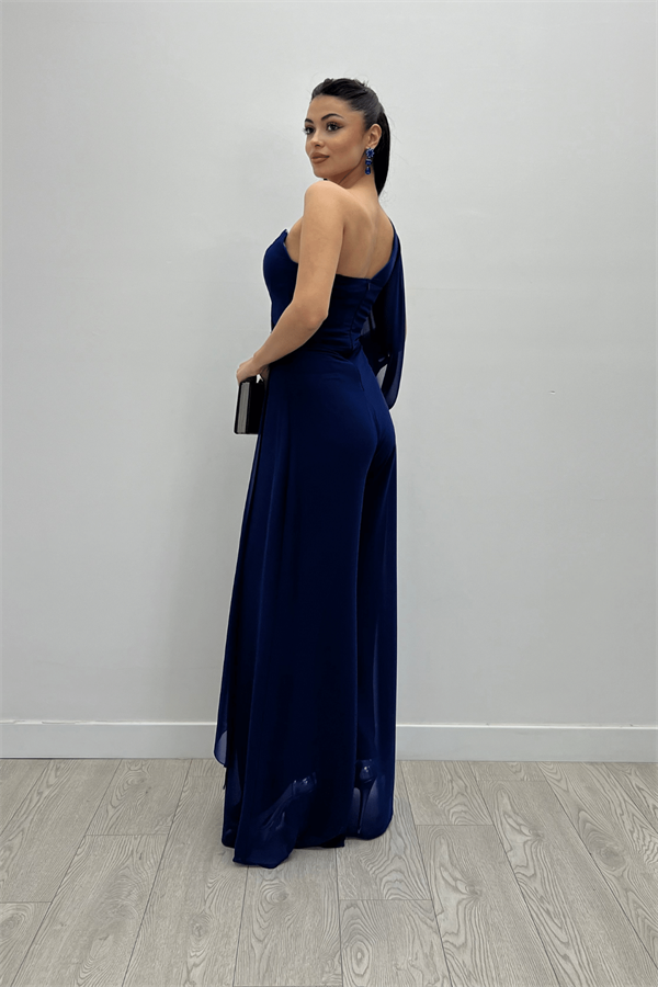 Şifon Kumaş Tek Kol Detaylı Tulum - SAKS MAVİ - 5