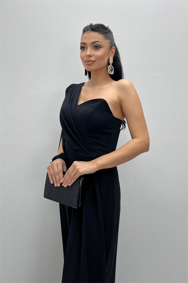 Şifon Kumaş Tek Kol Detaylı Tulum - SİYAH - 3