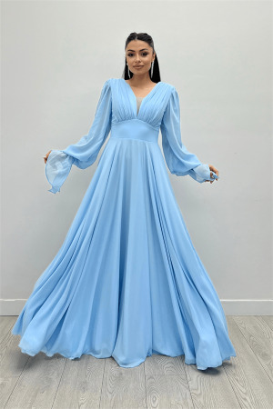 Şifon Kumaş V Yaka Büzgü Detaylı Maxi Elbise - BUZ MAVİ - Angelino Moda (1)