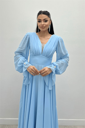Şifon Kumaş V Yaka Büzgü Detaylı Maxi Elbise - BUZ MAVİ - 3