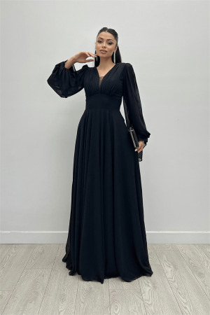 Şifon Kumaş V Yaka Büzgü Detaylı Maxi Elbise - SİYAH - Angelino Moda (1)