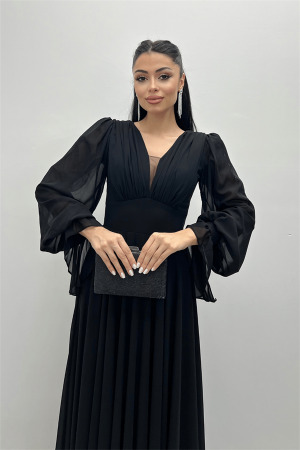 Şifon Kumaş V Yaka Büzgü Detaylı Maxi Elbise - SİYAH - 3