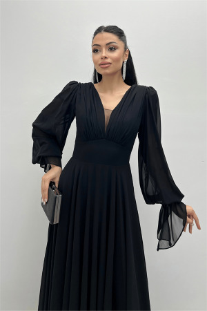 Şifon Kumaş V Yaka Büzgü Detaylı Maxi Elbise - SİYAH - 4