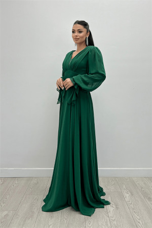 Şifon Kumaş V Yaka Büzgü Detaylı Maxi Elbise - ZÜMRÜT YEŞİL - Angelino Moda