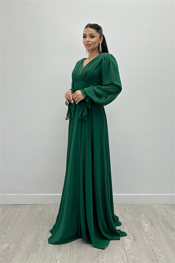 Şifon Kumaş V Yaka Büzgü Detaylı Maxi Elbise - ZÜMRÜT YEŞİL - 1