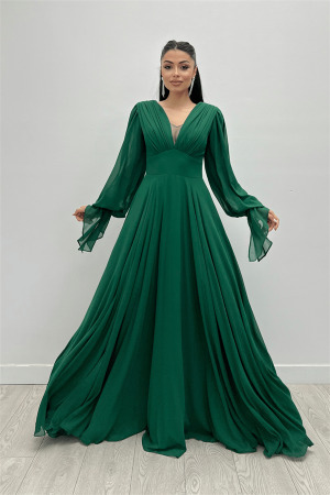 Şifon Kumaş V Yaka Büzgü Detaylı Maxi Elbise - ZÜMRÜT YEŞİL - Angelino Moda (1)