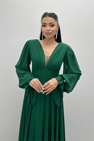 Şifon Kumaş V Yaka Büzgü Detaylı Maxi Elbise - ZÜMRÜT YEŞİL - 4