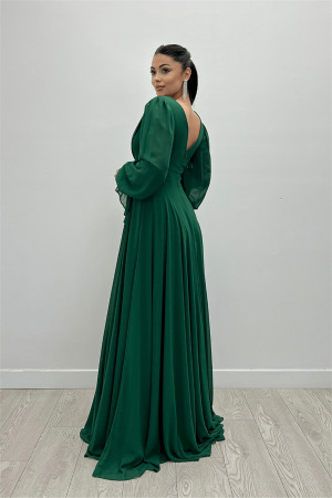Şifon Kumaş V Yaka Büzgü Detaylı Maxi Elbise - ZÜMRÜT YEŞİL - 5