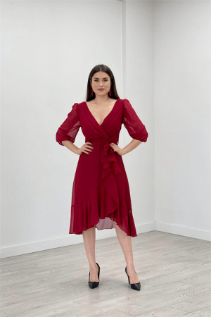 Şifon Kumaş Volan Detaylı Abiye Elbise - BORDO - Angelino Moda