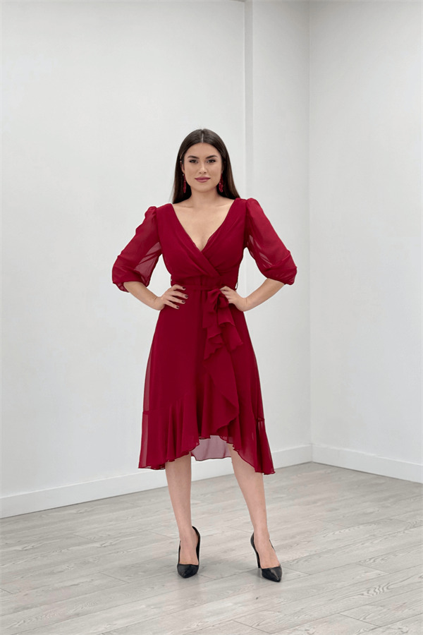 Şifon Kumaş Volan Detaylı Abiye Elbise - BORDO - 1