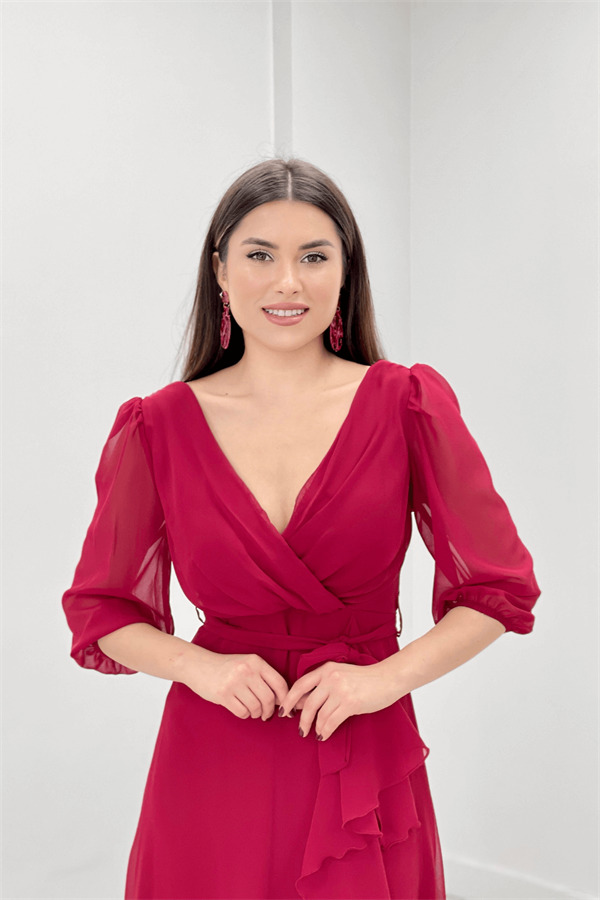 Şifon Kumaş Volan Detaylı Abiye Elbise - BORDO - 3