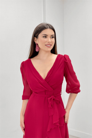 Şifon Kumaş Volan Detaylı Abiye Elbise - BORDO - 4