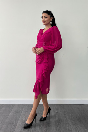 Şifon Kumaş Volan Detaylı Kalem Elbise - FUŞYA - Angelino Moda (1)
