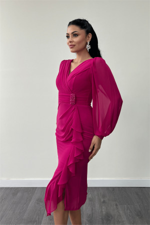 Şifon Kumaş Volan Detaylı Kalem Elbise - FUŞYA - 4