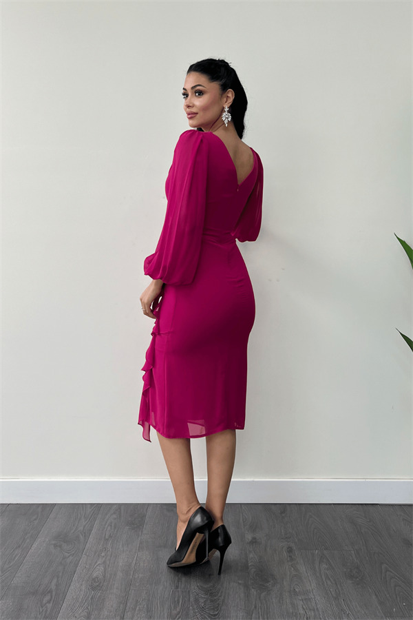 Şifon Kumaş Volan Detaylı Kalem Elbise - FUŞYA - 5