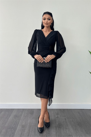 Şifon Kumaş Volan Detaylı Kalem Elbise - SİYAH - Angelino Moda