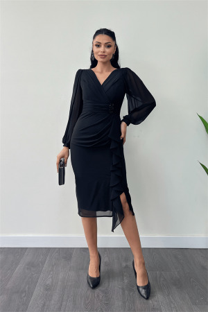 Şifon Kumaş Volan Detaylı Kalem Elbise - SİYAH - Angelino Moda (1)