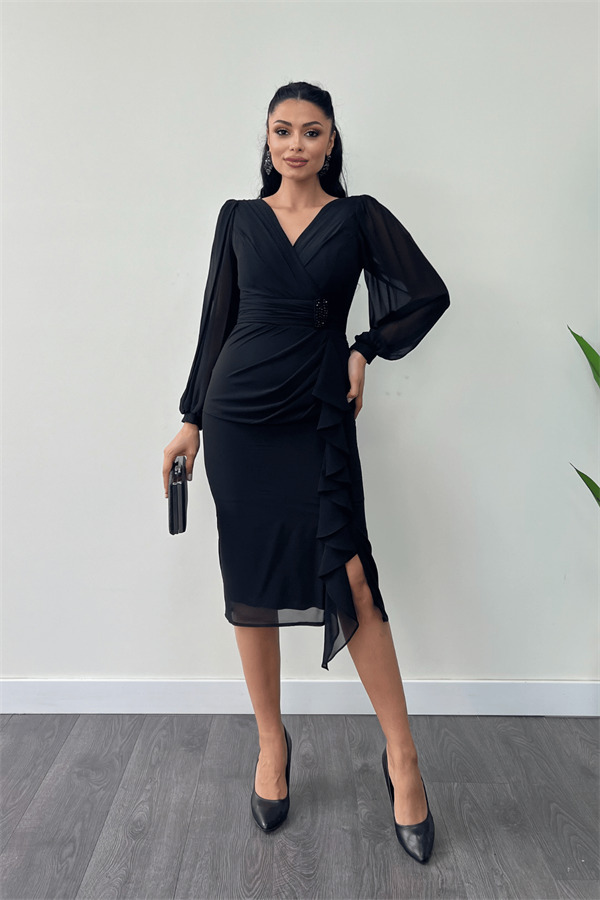 Şifon Kumaş Volan Detaylı Kalem Elbise - SİYAH - 2