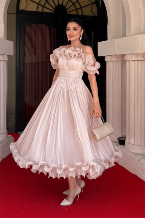 Şifon Kumaş Volan Detaylı Midi Elbise - BEJ - Angelino Moda (1)