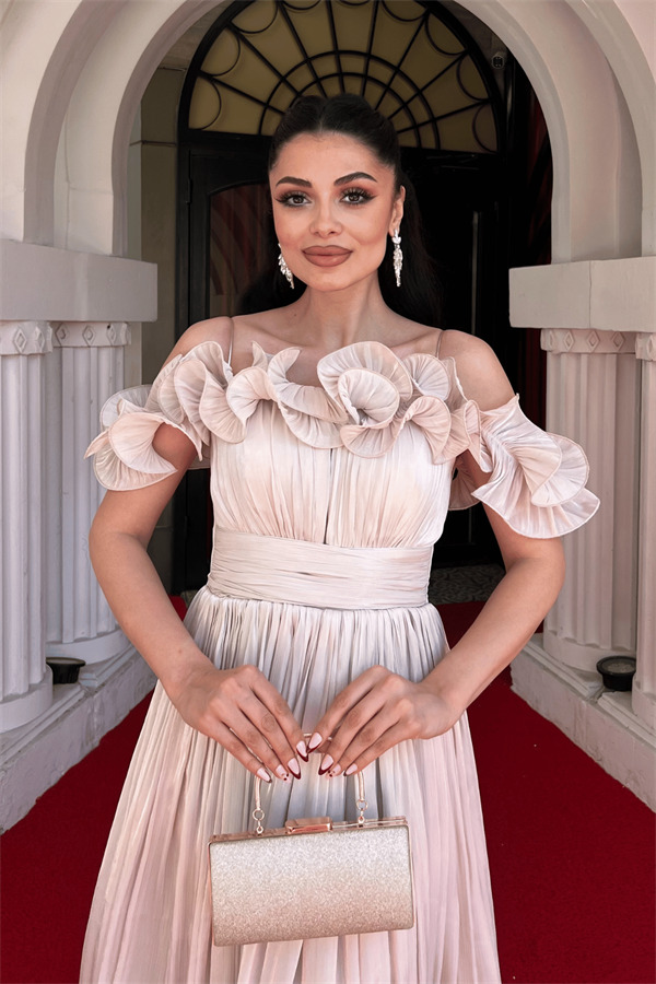 Şifon Kumaş Volan Detaylı Midi Elbise - BEJ - 4