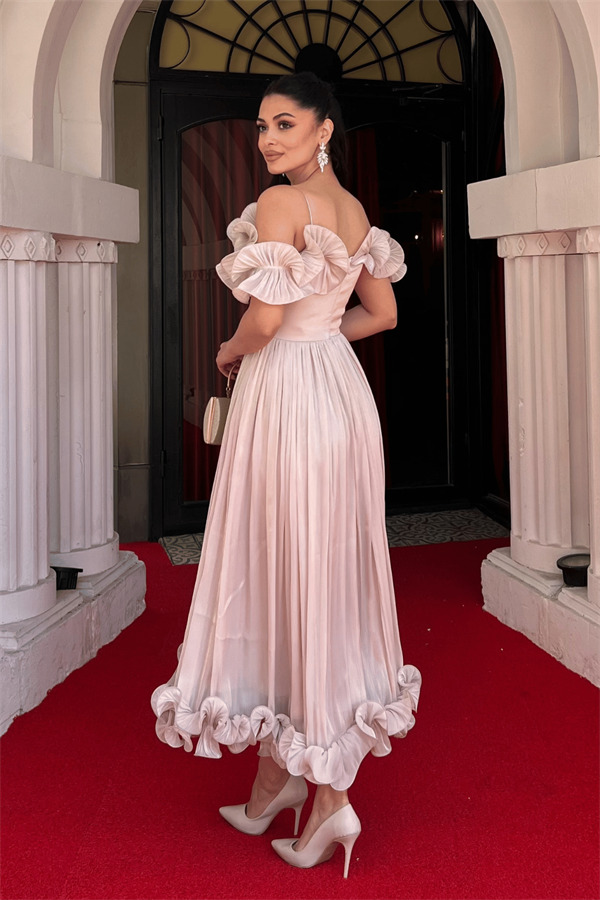 Şifon Kumaş Volan Detaylı Midi Elbise - BEJ - 5